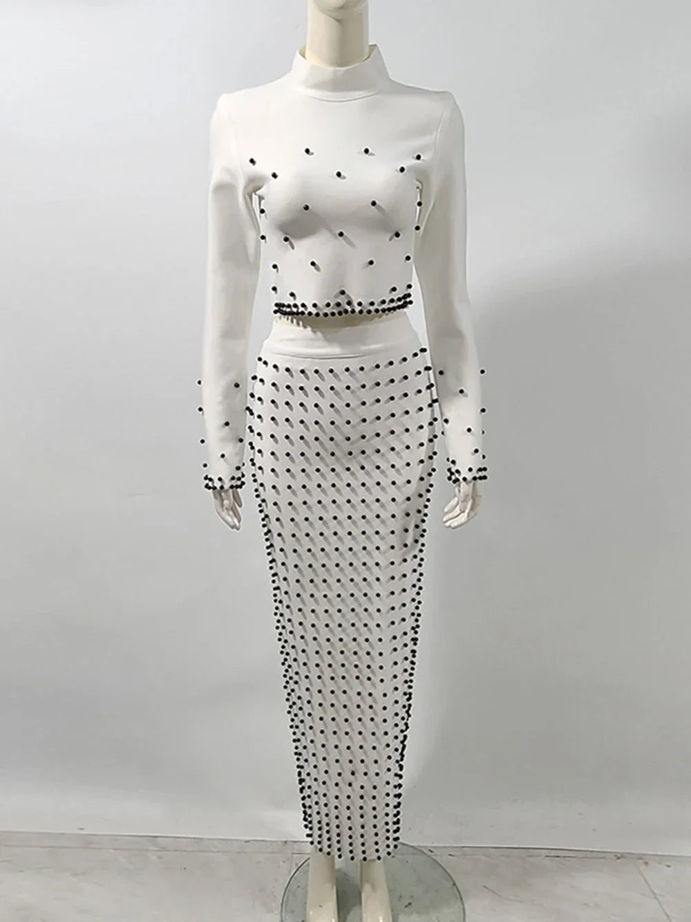 Women'S Black And White Beaded Short Top+Long Skirt Bandage Two-Piece Set Elegant Evening Party Female Outfit New