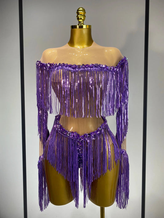 Sparkly Tassel Rhinestones Long Sleeves Sexy Stretch Mesh See Through Bodysuit Women Nightclub Stage Singer Perform Costume PURPLE