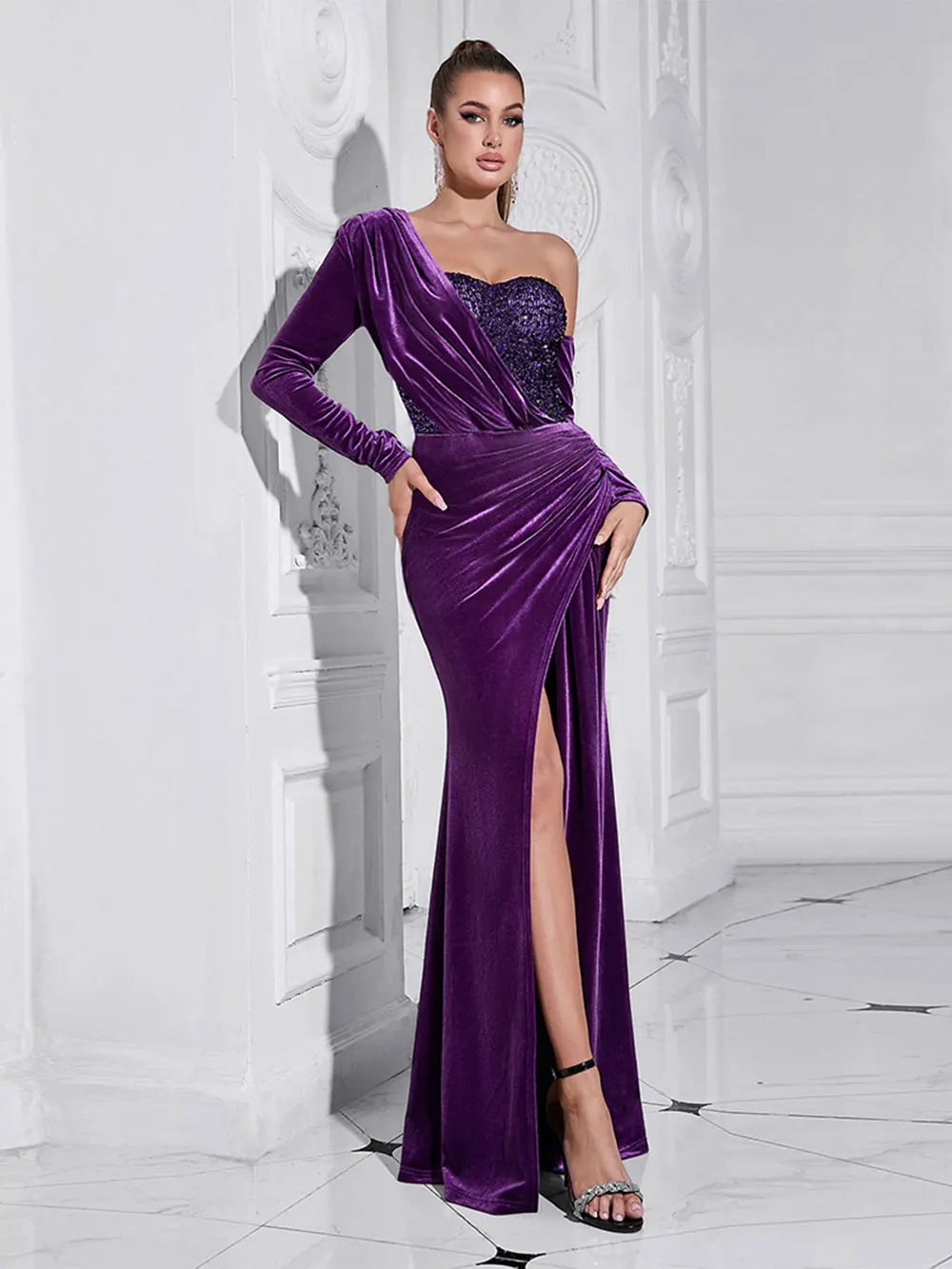 2024 Sexy Women Light Luxury Sparkle Velvet Dress with Diagonal Collar Long Sleeve Draped Bodycon Split Body Long Dress Vestidos