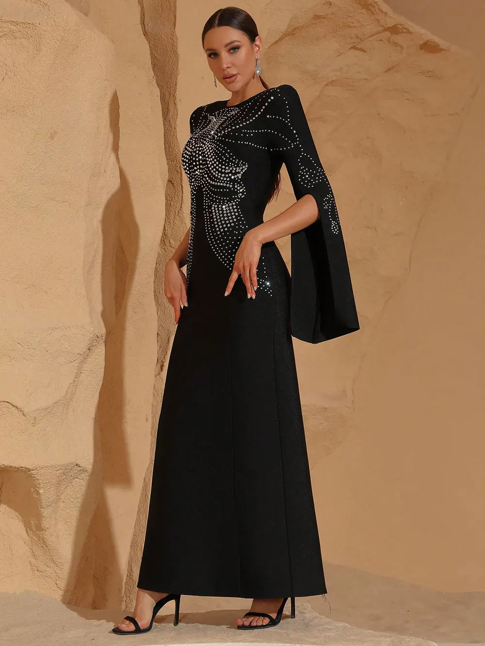 2025 Elegant Women's Light Luxury Hot Diamond Design Bandage Dress O-neck Trumpet Sleeve Bodycon Long Dress Club Party Vestidos