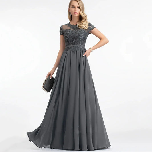 Mother Of The Bride Dress - Customized Formal Mother of Dresses O Neck Applique Evening Gowns A Line Bride Party Dress Short Sleeve robes invitée mariage GRAY