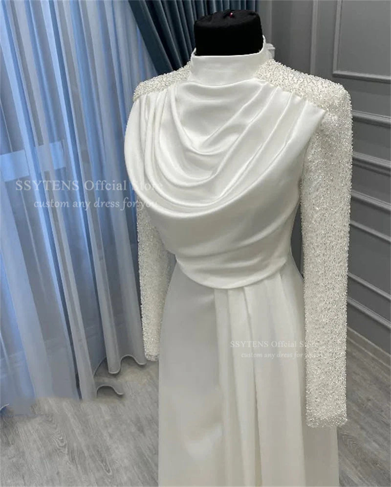 Muslim Classy Arabic Wedding Dress High Neck Beaded Bride Dresses Long Sleeves Customized Muslim Bridal Gowns Vestido De Noiva