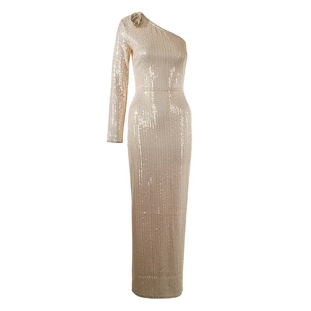 2024 Women's Light Luxury Glitter Dress with Diagonal Collar Single Shoulder Sleeve 3D Flower Decoration Bodycon Long Dresses Gold