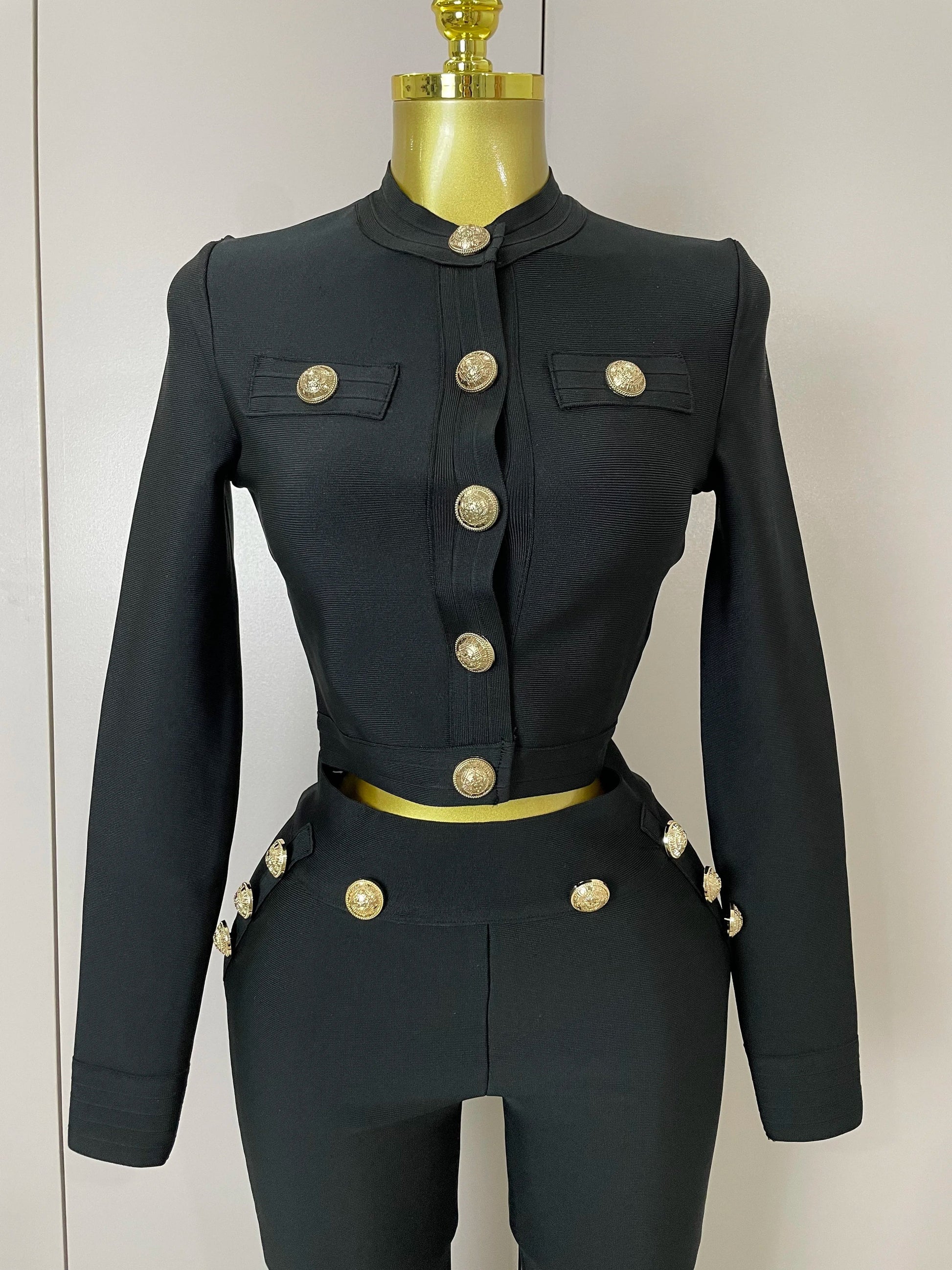 Golden Buttons Short Coat Top And Flare Pants Bandage 2 Pieces Set Woman Celebrity Evening Party Vestidos