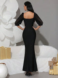 2025 Women Light Luxury Rhinestone Design Fish Tail Bandage Dress Stand Collar Lantern Sleeves Bodycon Long Dress Party Vestidos