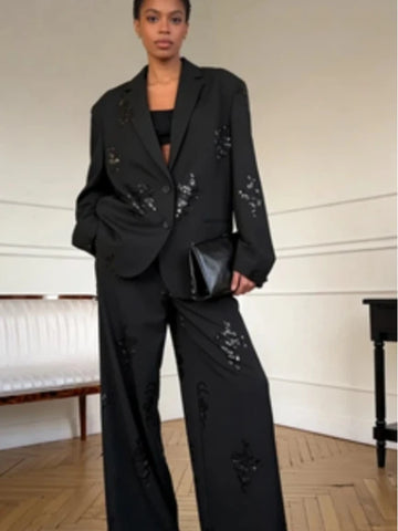 Elegant Stripe Sequin Top Pant Suit Sets Women Fashion Black Lapel Neck Loose Single Breasted Coat Leg Loose Pants Set Lady Sets