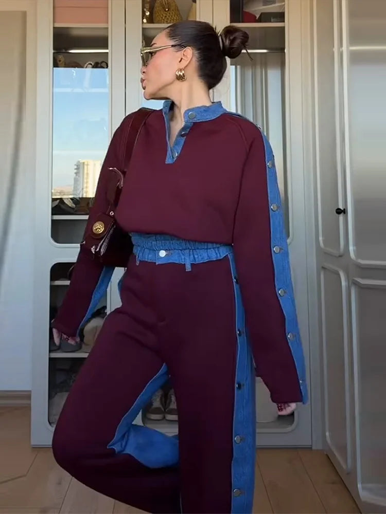 Women's 2 Pcs Suits Panelled Patchwork Single Breasted Hoodie Pants Sets New Female Long Sleeve Loose Bomber Coats Chic Outfits