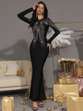 2025 Sexy Women'S Light Luxury Rhinestone Mesh Patchwork Bandage Dress O-Neck Long Sleeved Bodycon Evening Club Party Long Dress