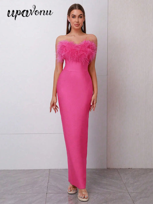 Spring Sexy Women Feather Design Bandage Dress Strapless Sleeveless Bodycon Backless Long Dress Evening Club Party Vestidos