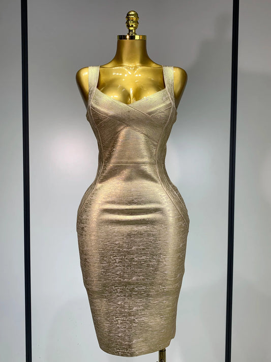Women Sexy V Neck Bronzing Gold Midi Bodycon Bandage Dress Celebrity Elegant Evening Club Party Luxury Birthday Dress Gold