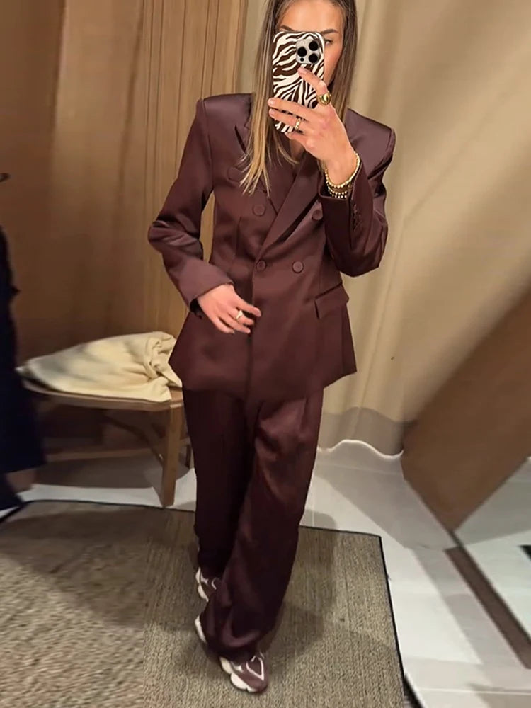 Women's 2 Pcs Suits Solid Satin Blazer Pants Sets Street Female Lapel Slim Bomber Jackets High Waist Pants Early Spring Outfits