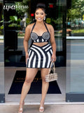 2024 Sexy Women'S Striped Short Skirt Set Hanging Neck Style Sleeveless Backless Ultra Short Vest Top+Mini Skirt Two-Piece Set black
