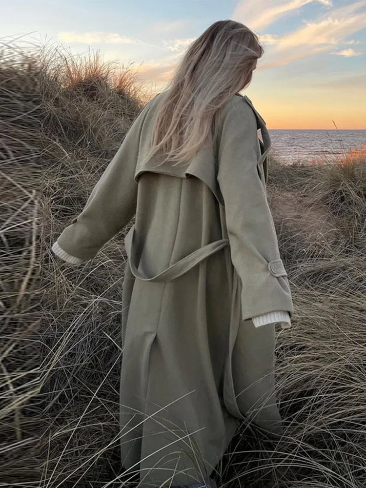 Lapel Single Breasted Waist Cinching Woolen Long Overcoats Women Elegant Epaulet Full Sleeve Button Belt Trench Coats New Autumn