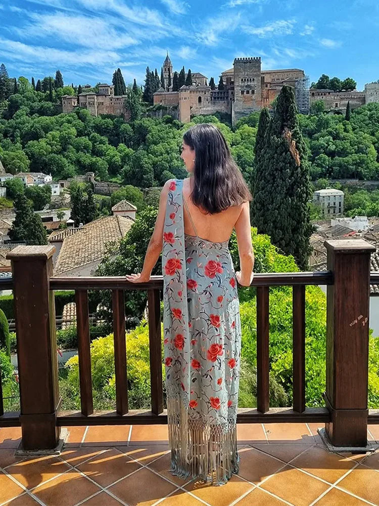 Print Tassels Integrated Long Dress Women Elegant Halter Scarf Collar Sleeveless Backless Asymmetric Evening Dresses New Vestido