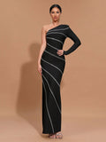 2025 Elegant Women's Hot Diamond Bandage Dress with Diagonal Collar, One Shoulder, Long Sleeve Bodycon Black Long Dress Vestidos