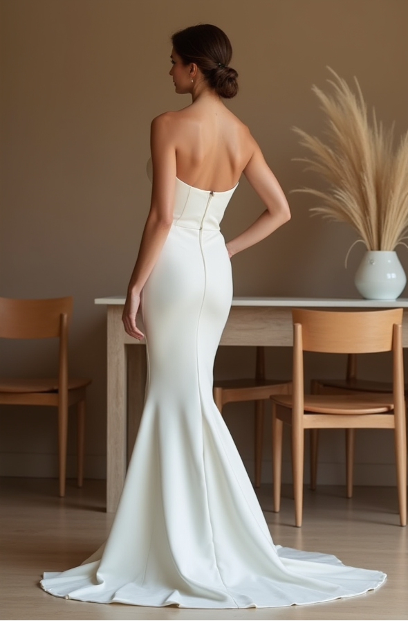 Satin Wedding Dress with Buttons – Strapless Fit & Flare Silhouette