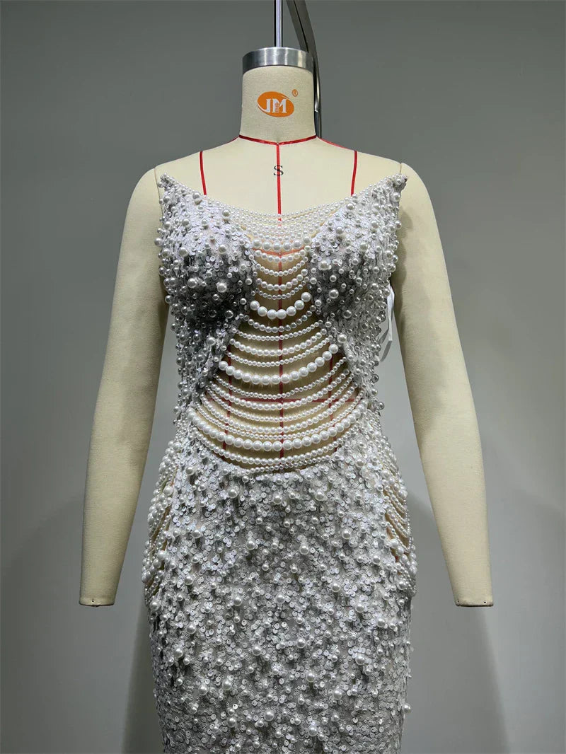 Luxury Pearl String Sexy See Through White Sequins Long Dress Elegant Woman Wedding Party Dress Red Carpet Goddess Vestido