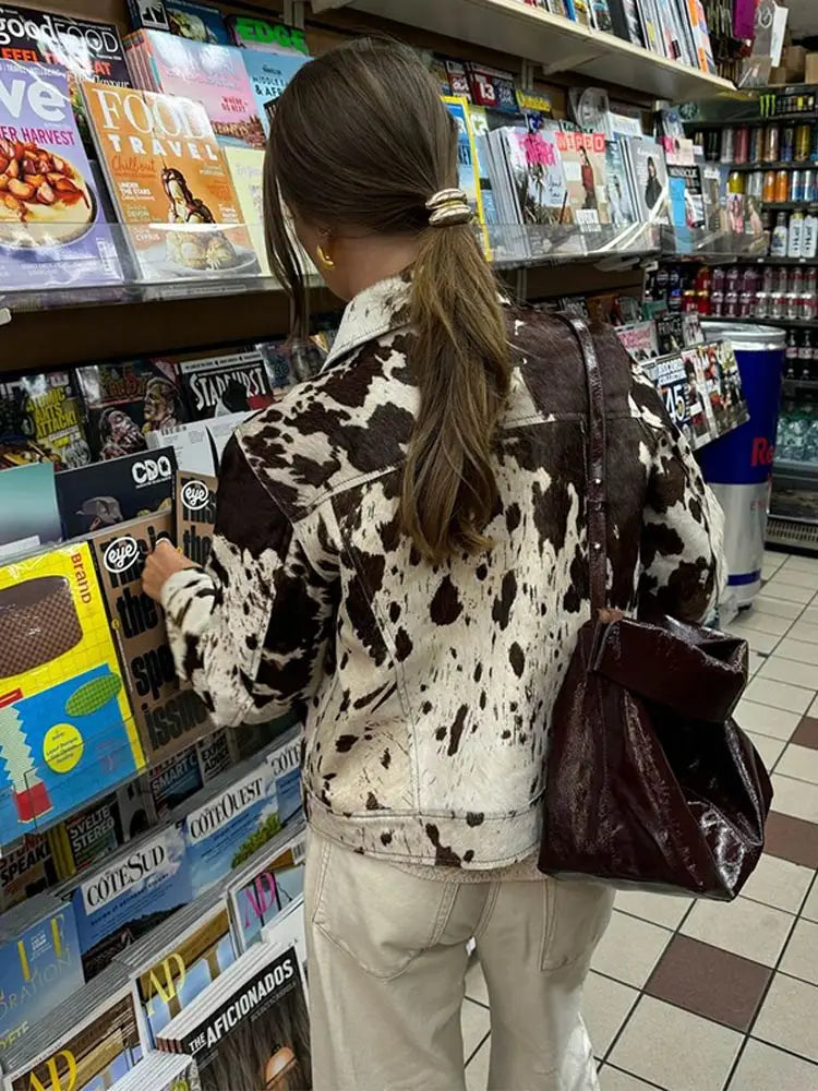 Street Printed Loose Women's Jacket Turn-down Collar Long Sleeve Single Breasted Pockets Coats New Fashion Early Autumn Lady Top