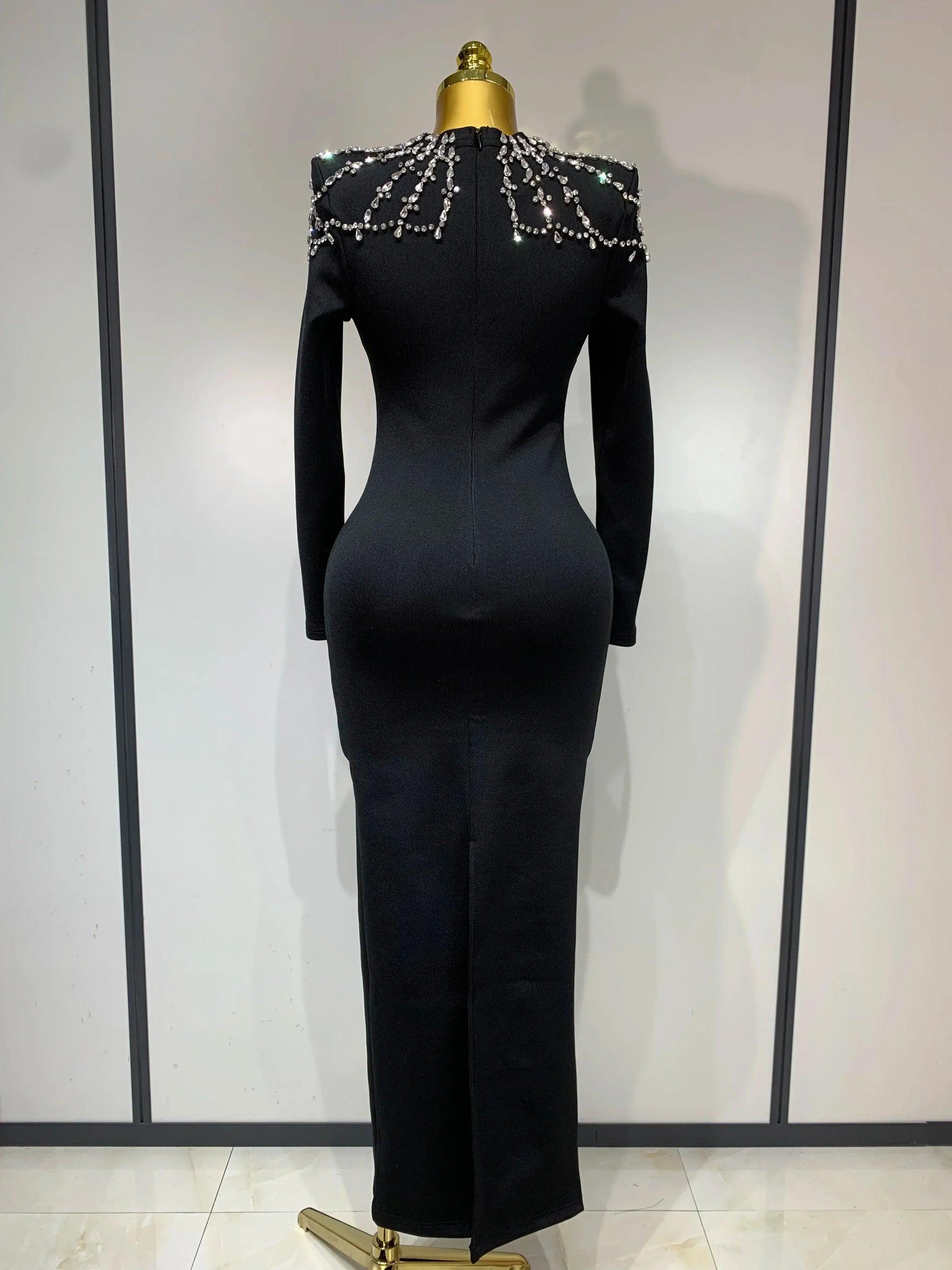 Luxury Birthday Dresses Diamond Tight Long Sleeve Square Neck Long Bandage Dress Women Wedding Evening Formal Gowns