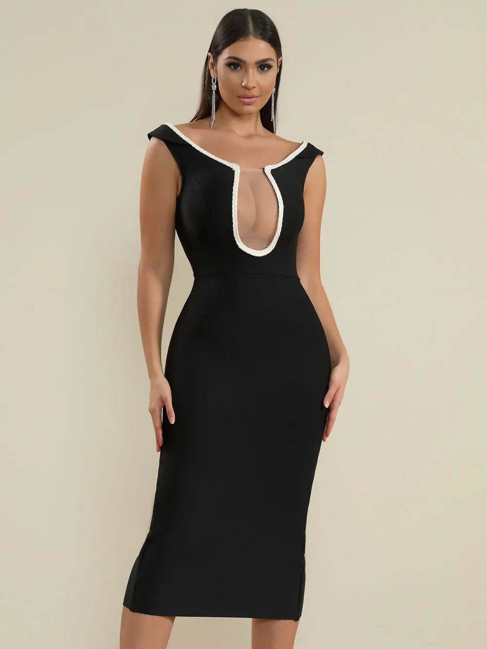 2025 Sexy Women's Perspective sheer patchwork bandage dress O-neck sleeveless Bodycon MIDI dress Cocktail Evening Party Vestidos black