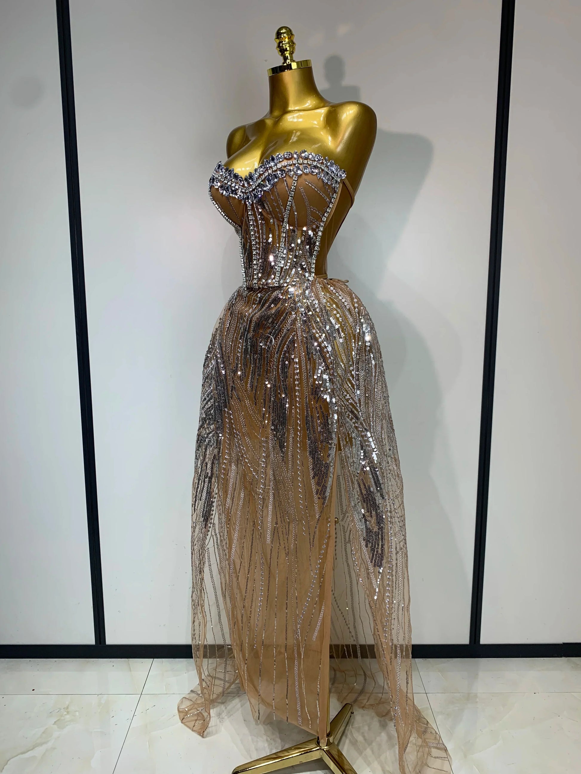Women Sexy Strapless Mesh See Through Crystal Maxi Dress Evening Party Singer Stage Performance Costume Luxury Birthday Dress