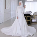 Muslim Wedding Dress with Hijab for Bride High Neck Long Sleeve Modest Sweep Train Lace A-Line Gown Customize Vestidos De Novia WHITE