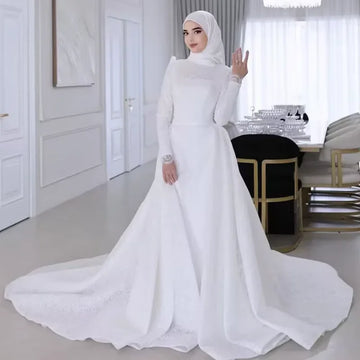 Muslim Wedding Dress with Hijab for Bride High Neck Long Sleeve Modest Sweep Train Lace A-Line Gown Customize Vestidos De Novia WHITE