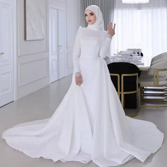Muslim Wedding Dress with Hijab for Bride High Neck Long Sleeve Modest Sweep Train Lace A-Line Gown Customize Vestidos De Novia WHITE