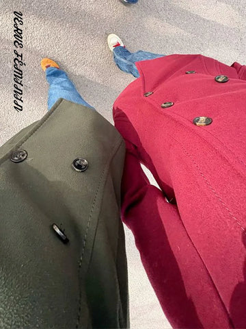 Women's Winter Coat Stand Collar Double Breasted Woolen Coats Autumn 2025 Female Waist Cinching Bomber Jacket New Lady Outerwear