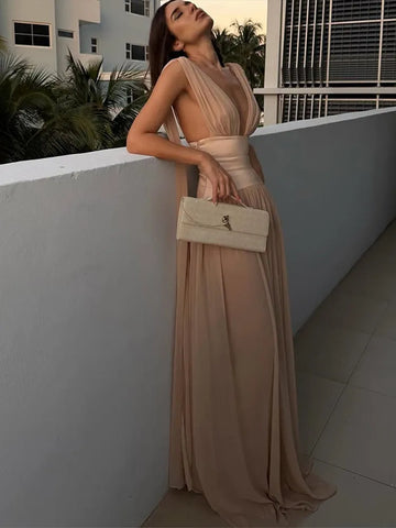 Women's Evening Dresses Deep V Satin Patchwork Mesh Long Dress New Female Ribbon Waist Cinching Party Clubwear Chic Lady Vestido