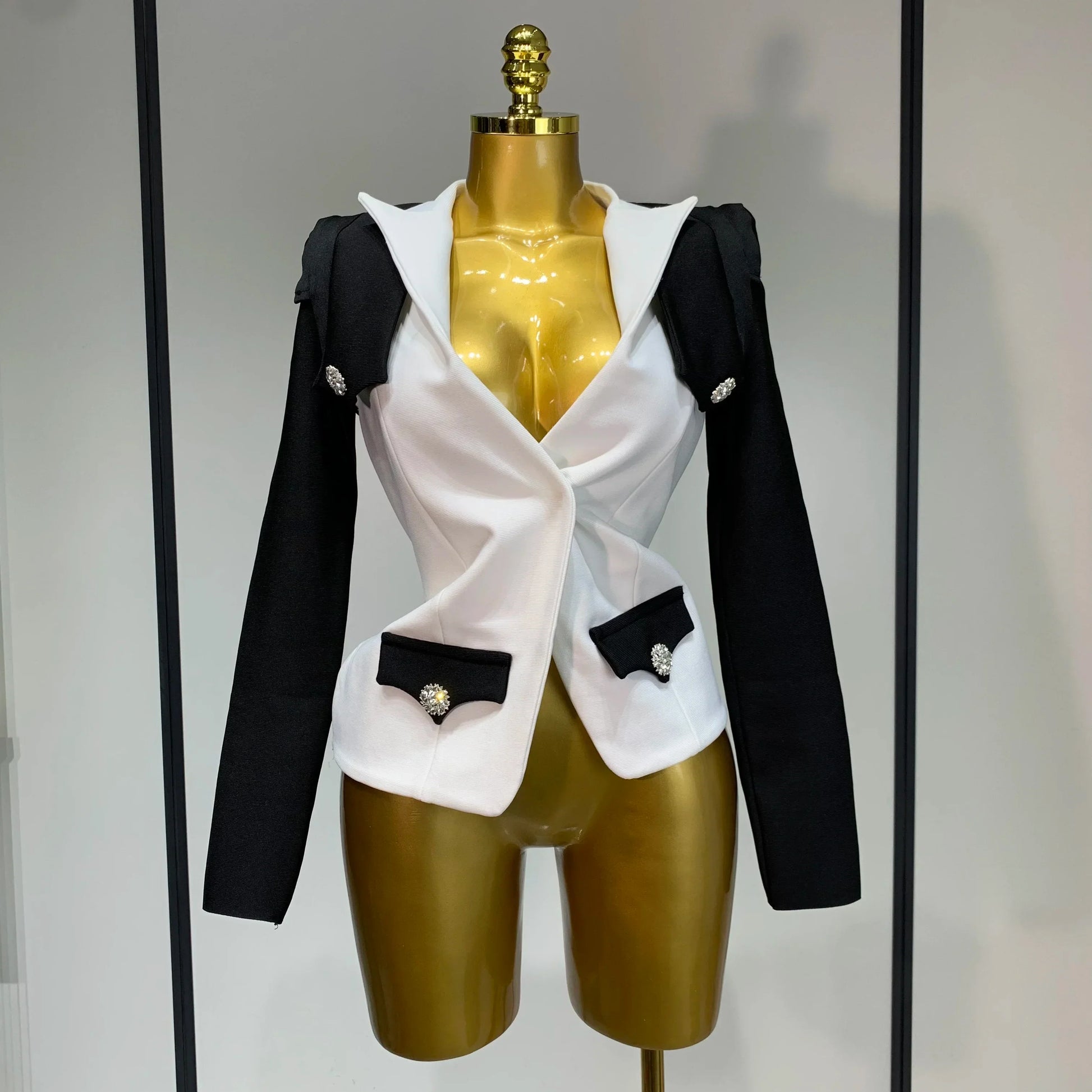 New Designer Fashion Black White Bandage Jacket Two Piece Set Women Slim Fit Diamond Button Suit Jackets Coat WHITE