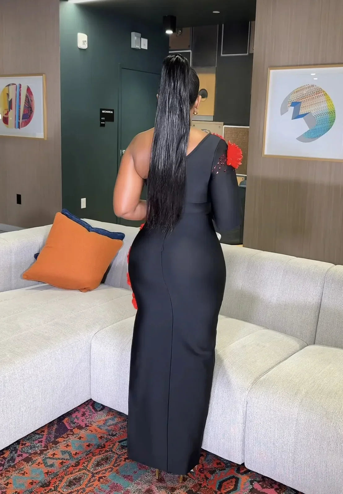 Women Sexy One Shoulder Long Sleeve Red Florlas Rhinestones Bodyocn Long Bandage Dress Nightclub Party Celebrate Birthday Wear