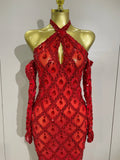 Sexy Sparkly Rhinestones Halter Mesh Long Dress With Gloves Women Celebrate Evening Wedding Prom Birthday Dress Shoot Wear