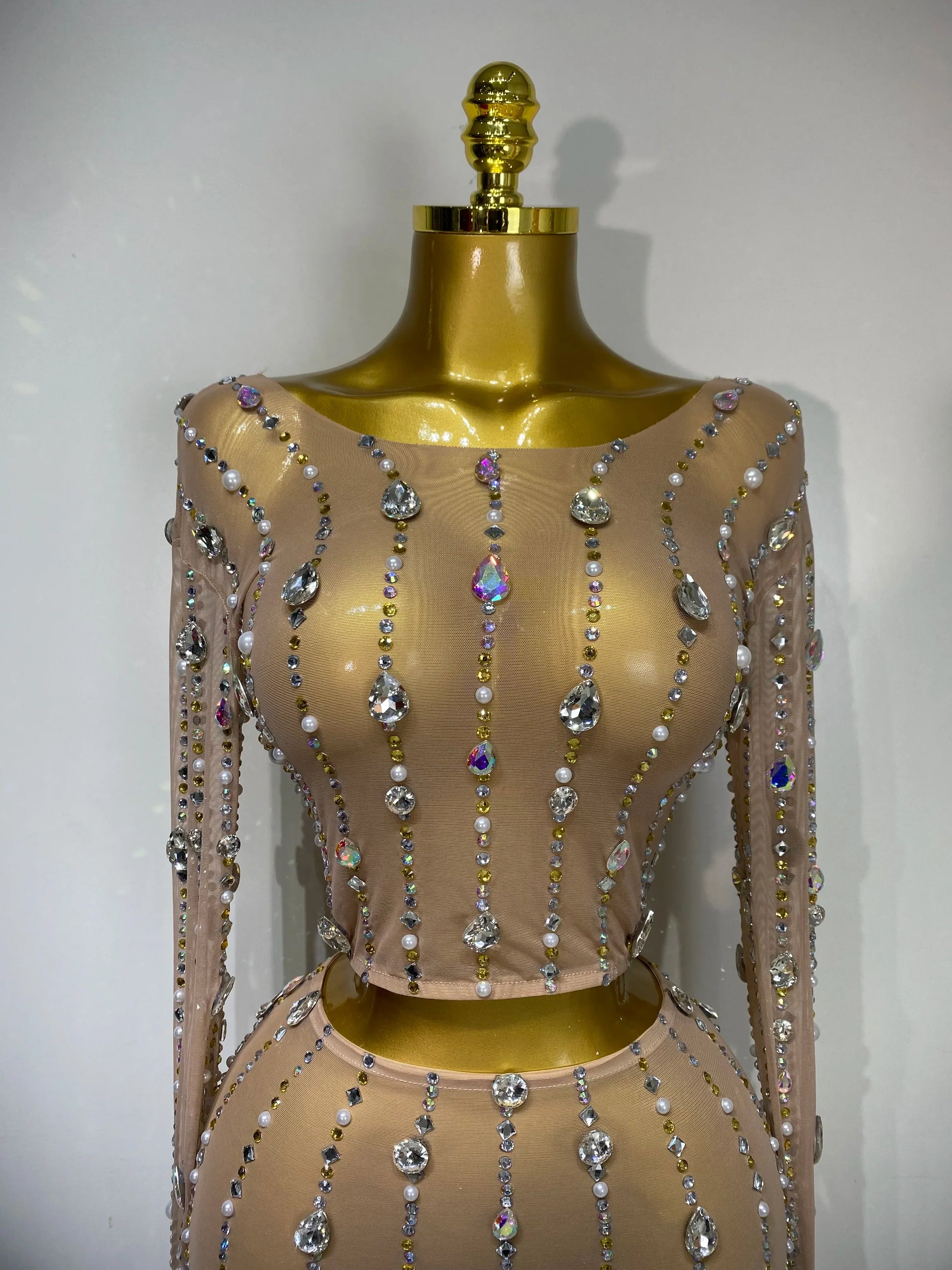 Women Sparkly Rhinestones Top Long Skirt Two Pieces Set Singer Dancer Nightclub Stage Performance Costume Luxury Birthday Dress