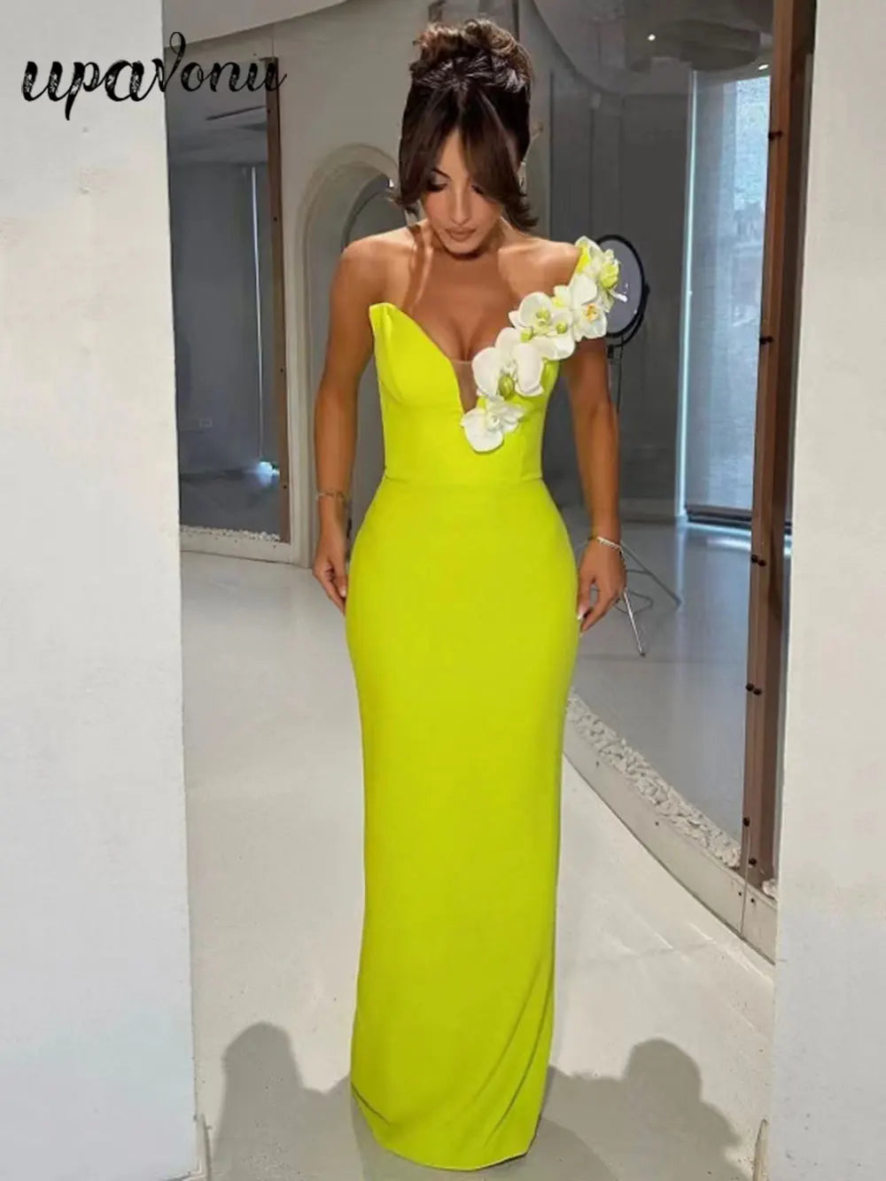 2024 Sexy Women's 3D Flower Decoration Long Dress Strapless Sleeveless Bodycon Backless Max Dress Cocktail Evening Party Vestido