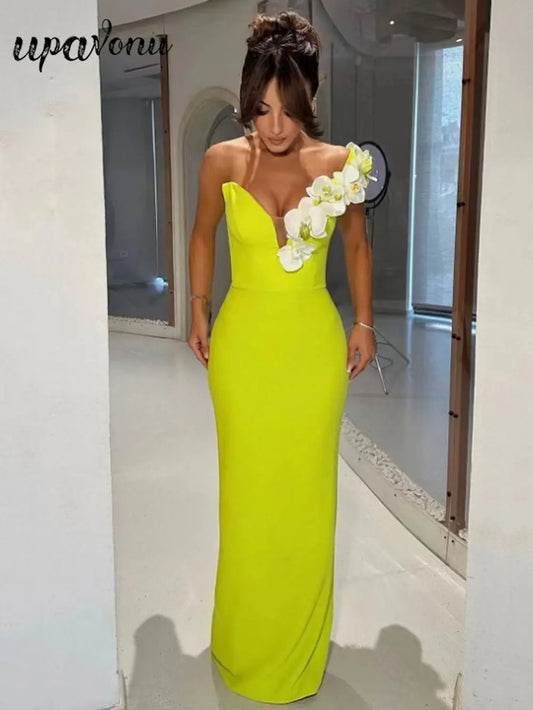 2024 Sexy Women's 3D Flower Decoration Long Dress Strapless Sleeveless Bodycon Backless Max Dress Cocktail Evening Party Vestido