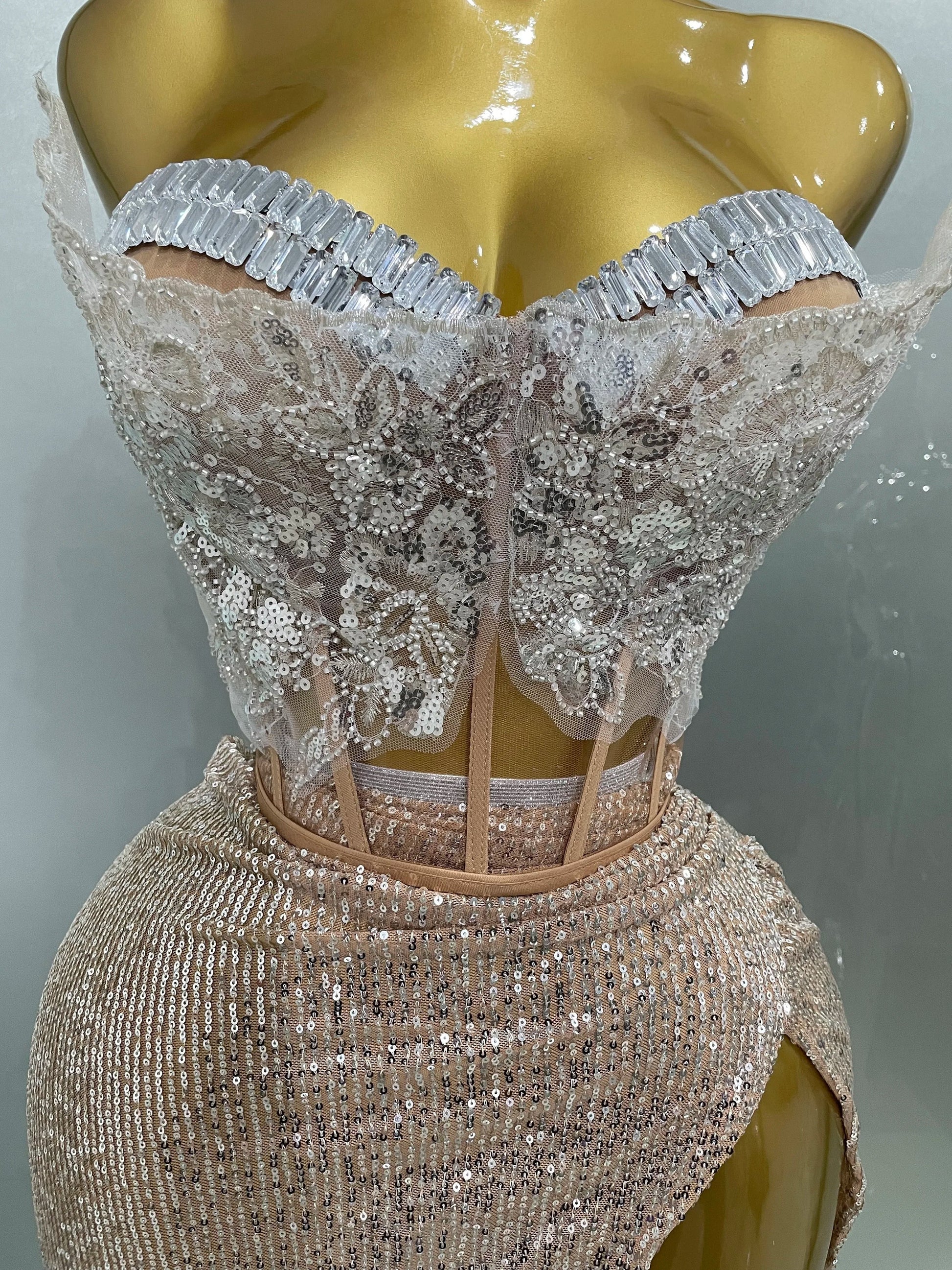 Women Sparkle Rhinestone Sequins Two Pieces Evening Party Dress Celebrate Festival Dancer Bar Nightclub Ds Dj Stage Wear