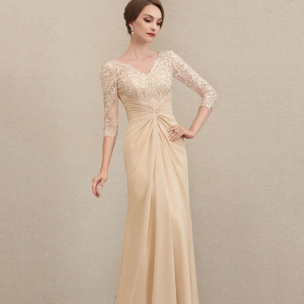 Mother Of The Bride Dress - Formal Customized V Neck A Line Lace Elegant Chiffon Mother of Dresses Mermaid Evening Gowns New vestido invitada boda
