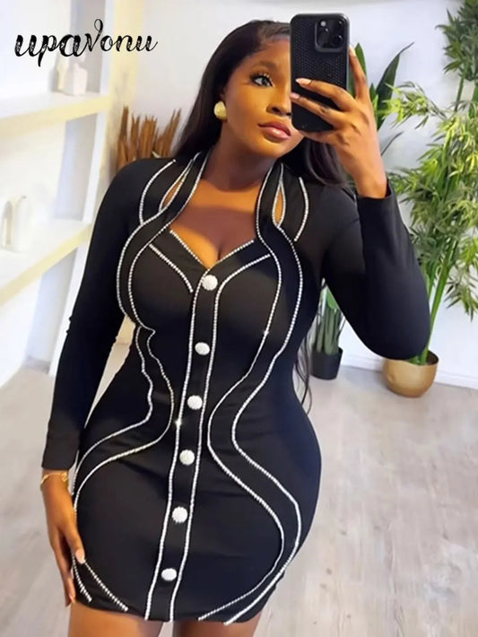 Spring Elegant Women Diamond Set Bandage Dress V-neck Long Sleeve Bodycon Single breasted Mini Dress Evening Party Vestidos