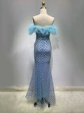 2024 Sexy Women's Light Luxury Blue Sparkle Maxi Dress with One Collar Feather Design Shoulder Buckle Bodycon Long Dress Vestido