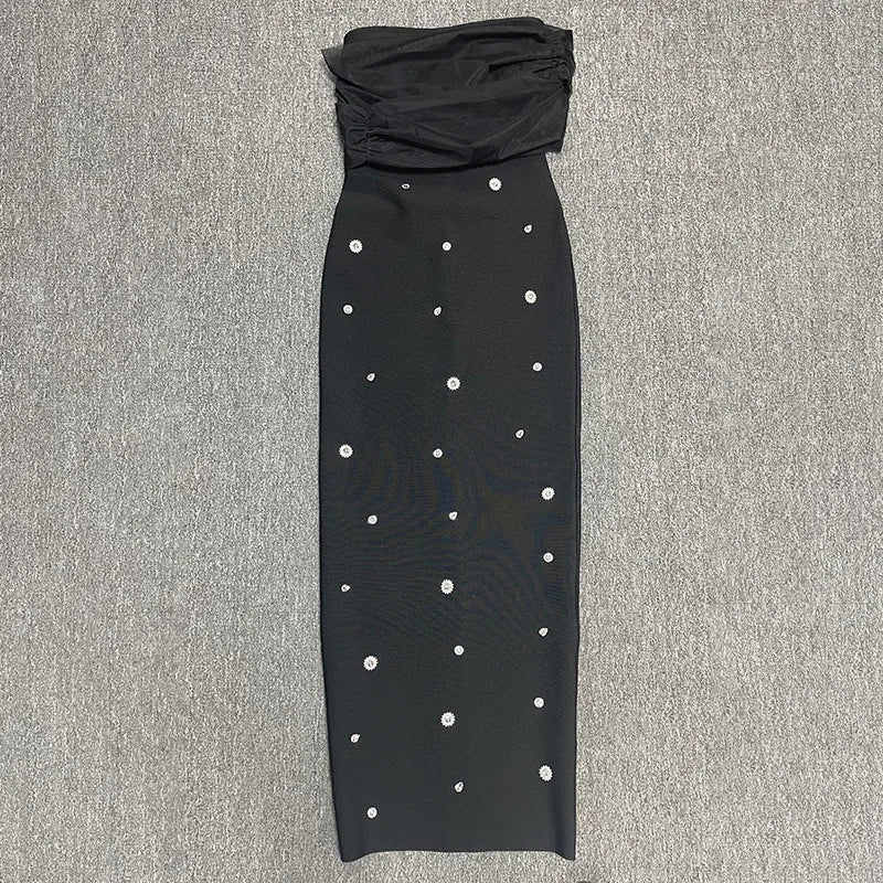 4 Colors Women Sexy Slash Neck Off the Shoulder Shinning Crystal Bodycon Long Bandage Dress Celebrate Birthday Party Outfit black