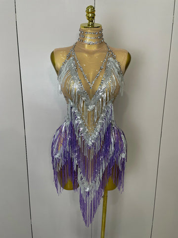 Women Sexy Stretch Mesh Sparkly Rhinestone Tassels Mini Dress Nightclub Singer Dance Stage Costume Evening Gowns PURPLE
