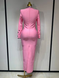 New Arrival Luxury Birthday Dresses Diamond Long Sleeve Pink Bodycon Bandage Dress Women Wedding Evening Prom Gowns