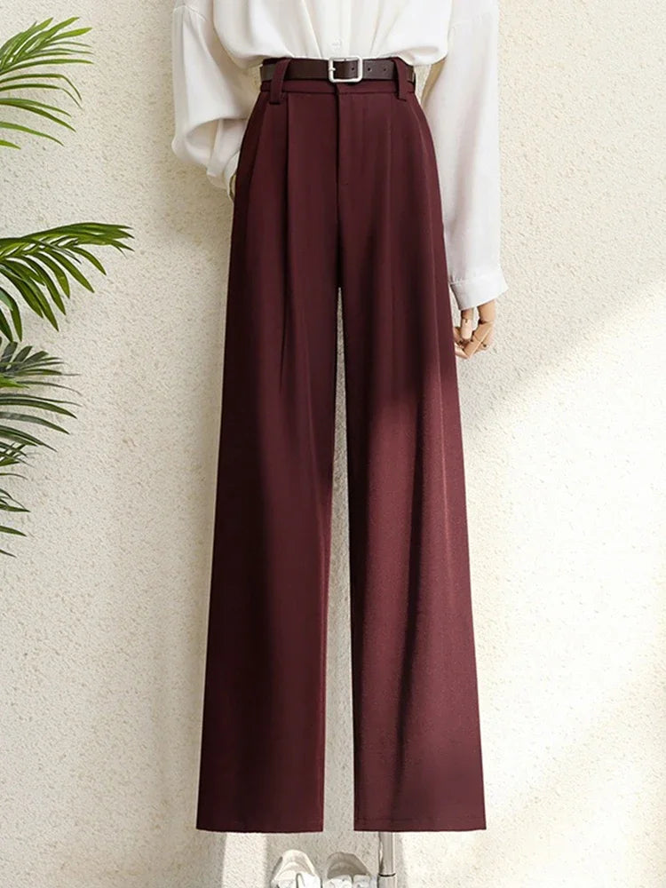Fall Winter 2025 Burgundy Suits Pants for Women Office Lady Elegant High Waist Wide Leg Fashion Trousers with Pockets Black Gray
