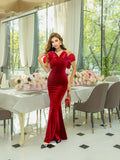 Black Winered Color Women Sexy Off the Shoulder Ruffles Bodycon Velvet Maxi Dress Wedding Party Mermaid Cocktail Outfit Claret