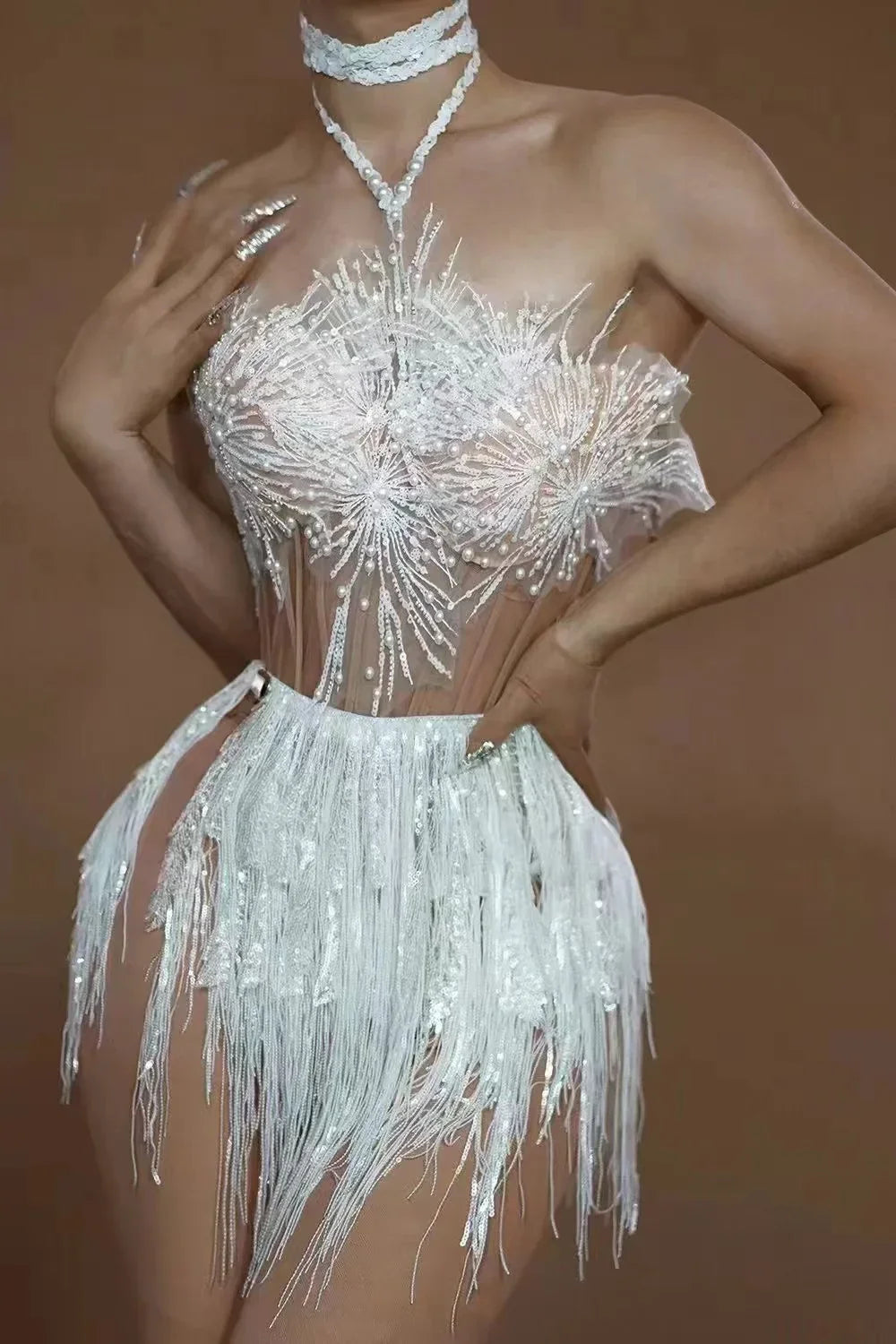 STOCK Women Sexy Off the Shoulder Shinning Sequins Tassels Bodycon Mini Dress 2 Pieces Celebrate Nightclub Performance Costume WHITE