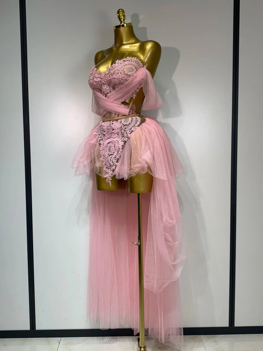 Women Sexy Strapless Pink Mesh Two Pieces Set Prom Gown Celebrate Birthday Nightclub Party Singer Stage Performance Costume