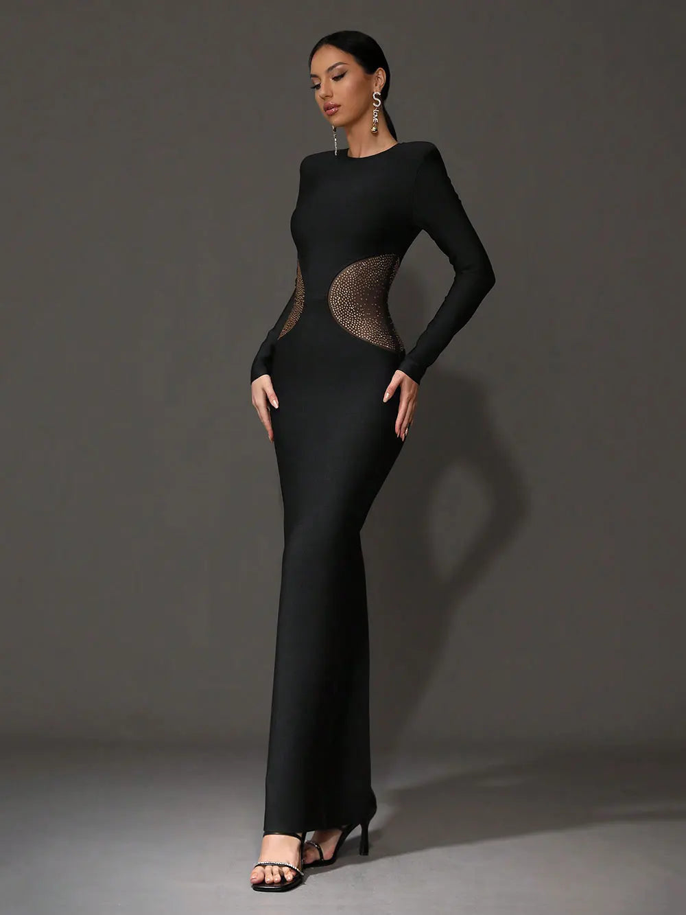 2025 Sexy Women'S Chiffon Hot Stamping Design Bandage Dress O-Neck Long Sleeved Bodycon Black Long Dress Cocktail Party Vestidos