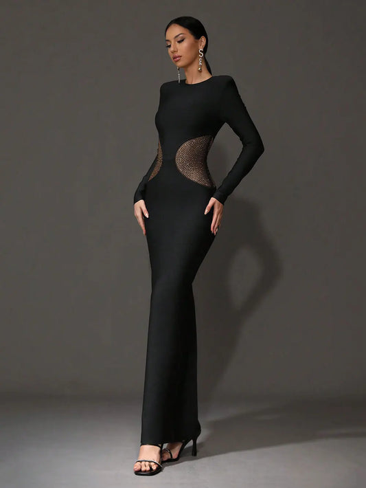 2025 Sexy Women'S Chiffon Hot Stamping Design Bandage Dress O-Neck Long Sleeved Bodycon Black Long Dress Cocktail Party Vestidos