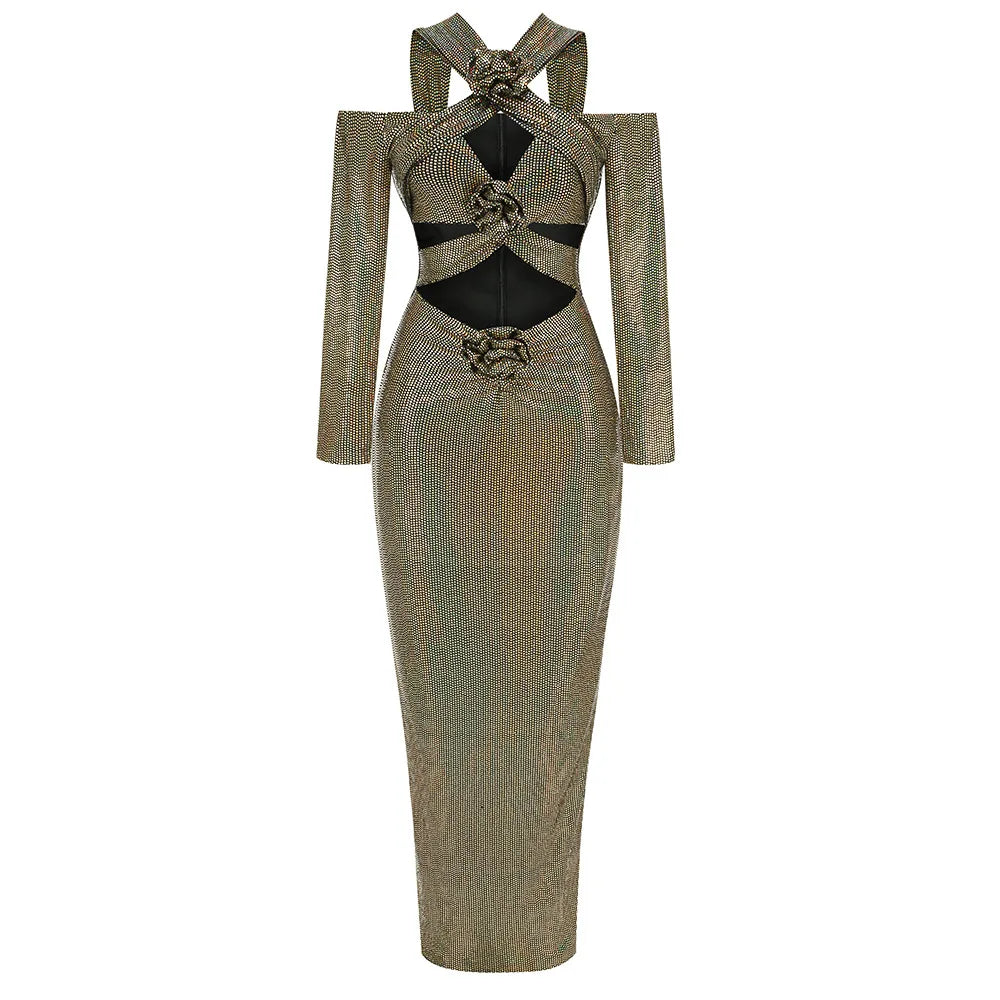 Rosered Color Women Long Sleeve Sexy Keyholes Shinning Sequins Bodycon Long Dress Evening Party Celebrate Cocktail Dress Champagne